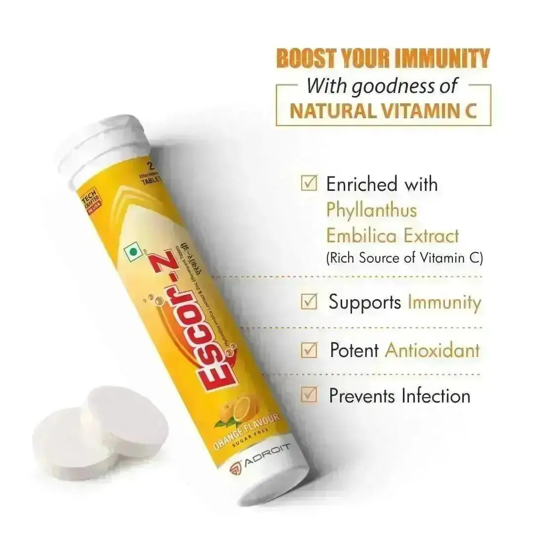 Escor-Z Effervescent Tablets| Natural Vitamin C| Orange Flavour 20 Tablets